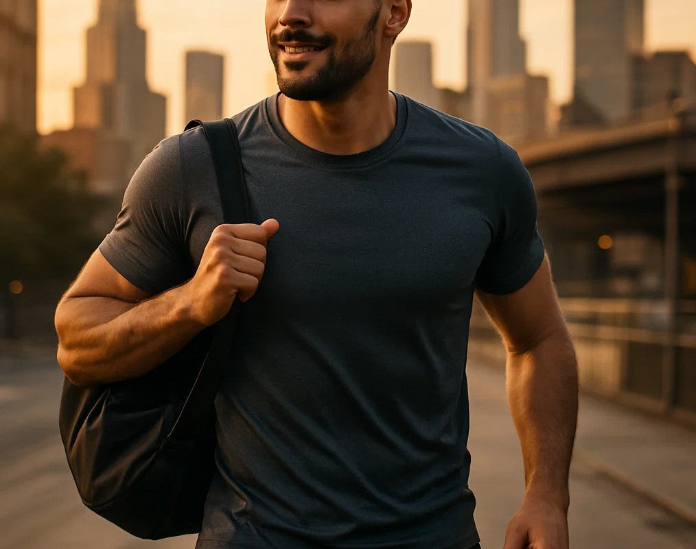 Man in a dark athletic T-shirt carrying a gym bag, walking through a city at sunset.